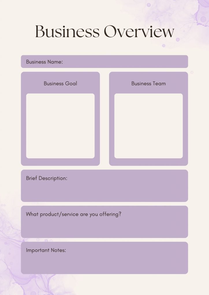 A Business overview planner to establish your short term and long term goals.